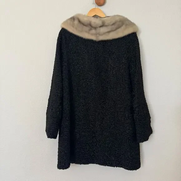 Vintage black curly Persian lamb fur coat genuine fur collar Max Zeller L-XL - Picture 5 of 10